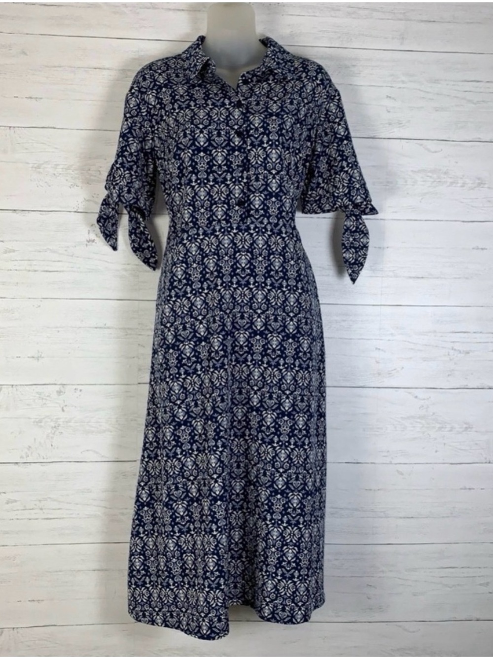 Lucky Brand Navy Printed Midi Shirt Dress with Tie Sleeves, Sz S